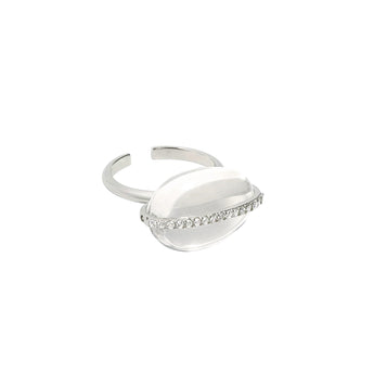 Aurore Brazilian clear quartz oval cabochon open ring with pavé natural zircon equator band in rhodium 925 sterling silver by ZéFir