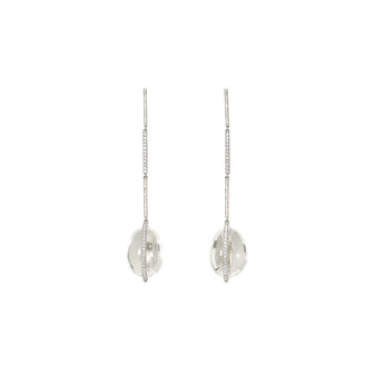 Aurore 7.7cm Brazilian clear quartz oval cabochon drop earrings with pavé zircon bar and zircon equator band in rhodium 925 sterling silver by ZéFir