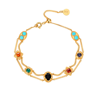 Turquoise gemstone celestial bracelet in 14K gold vermeil
Multi-stone layered chain bracelet with star charm
Boho turquoise and garnet double chain bracelet