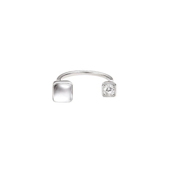 Givre adjustable open ring with contrasting square ends featuring clear quartz, mother of pearl and natural zircon