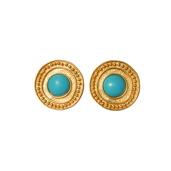 Turquoise stud earrings in 18K gold vermeil
Round turquoise stone gold beaded studs
Blue gemstone statement stud earrings