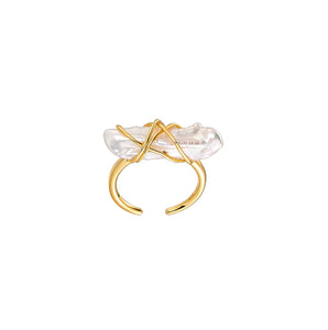 Spuma natural baroque freshwater pearl 18x7mm open ring with 18K gold vermeil X wire-wrap setting, adjustable by ZéFir
