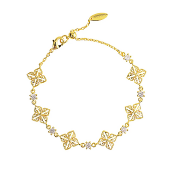 图1: Gold floral filigree bracelet with diamond accents in 18K gold vermeil - ZéFir
图2: Delicate flower link bracelet on white background
图3: Intricate floral design chain bracelet detail showing natural zircons
图4: Gold flower bracelet close-up - 19+1cm adjustable
图5: Filigree floral bracelet - elegant nature inspired design