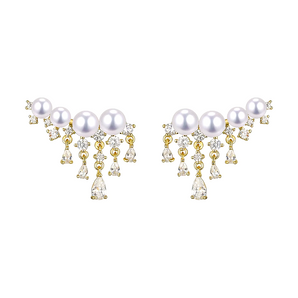 Japanese pearl and zircon earrings in 14K gold vermeil sterling silver, W2.4cm