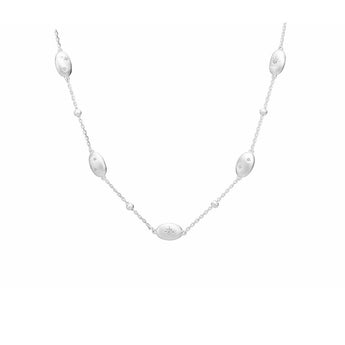 Five brushed sterling silver oval stations — each set with a star-cut natural zircon — float along a delicate satellite chain like stars