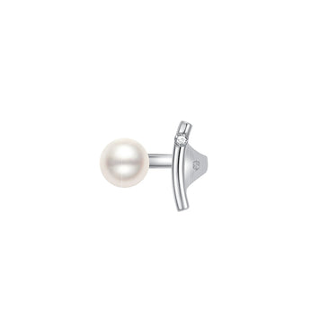 perfectly round 9.5mm Japanese freshwater pearl ring, and a single natural zircon sit at opposite ends of a curved sterling silver arc