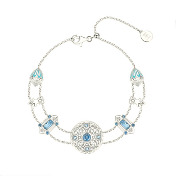 Blue topaz Ferris wheel charm bracelet in sterling silver
Whimsical blue gemstone filigree bracelet
Intricate silver bracelet with blue enamel accents