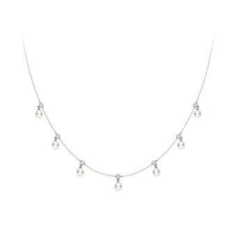Liana 925 sterling silver adjustable necklace with seven dangling Japanese freshwater pearls and bezel-set natural zircons at collarbone by ZéFir