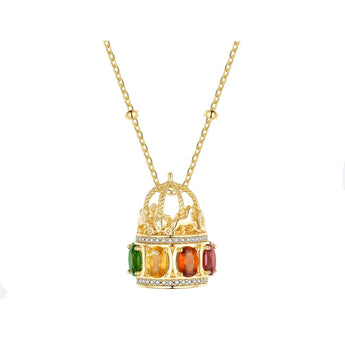 gold crown pendant necklace with multi-colored gemstones