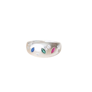silver open ring with multi color gemstone embed