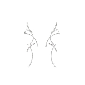 Courant sculptural 925 sterling silver long earrings with flowing curved lines and pavé natural zircon accents, 8.2cm by ZéFir

