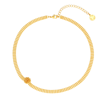 woven gold bead necklace with sphere pendant

