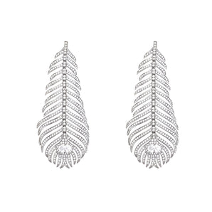 long feather-inspired zircon drop earrings in sterling silver, 7cm dramatic length
