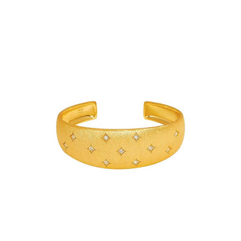 20mm wide satin-brushed 18K gold vermeil open cuff bangle with twelve four-pointed star 5A natural zircon accents by ZéFir

