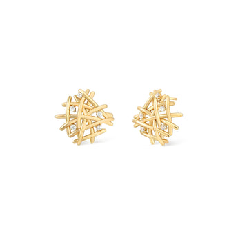  Tessitura 22mm sculptural bird nest stud earrings in 14K gold vermeil with interlaced gold rods and 5A natural zircon accents by ZéFir

