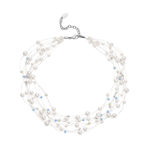 floating Japanese pearl illusion necklace on nylon wire with crystal accents, 40cm adjustable chain
