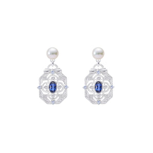 Merletto — pearl stud drop earrings with octagonal silver filigree pendant, oval blue sapphire and diamond accents
