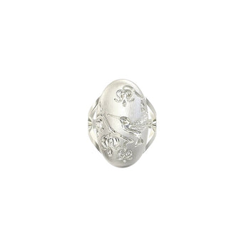  Volto oversized oval signet ring in 18K white gold vermeil 925 sterling silver with raised hummingbird and floral relief engraving, satin finish by ZéFir


