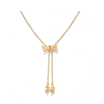 gold bow lariat necklace with adjustable drop
