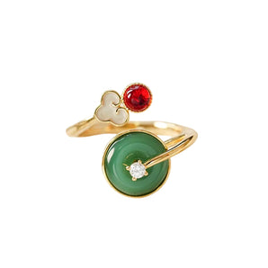 jade and enamel ring with ruby and green agate in sterling silver
