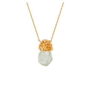 faceted soft green prasiolite pendant, crowned with a blooming 18K gold rose cap NECKLACE