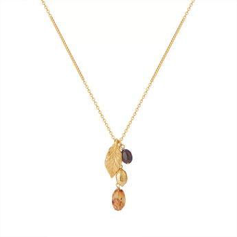 18K gold leaf charm paired with warm citrine and deep garnet drops necklace