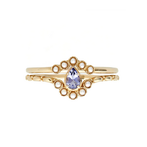 purple crystal and Japanese pearl stackable ring set in 14K gold vermeil sterling silver, set of two rings
