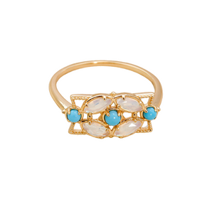 turquoise and moonstone floral ring in 14K gold vermeil sterling silver, adjustable band