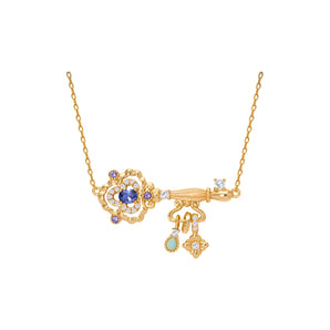 gold vintage key necklace with amazonite and sapphire
