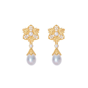 gold floral stud drop earrings with diamond accents and grey freshwater pearl pendant

